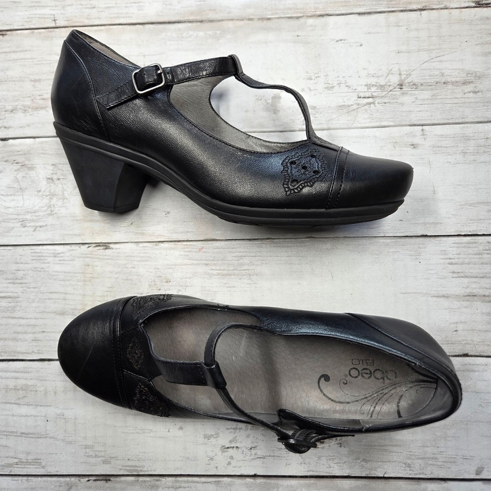 Abeo T-Strap Pump Leather Block Heel Womens 8.5 N‎ Black Damaged